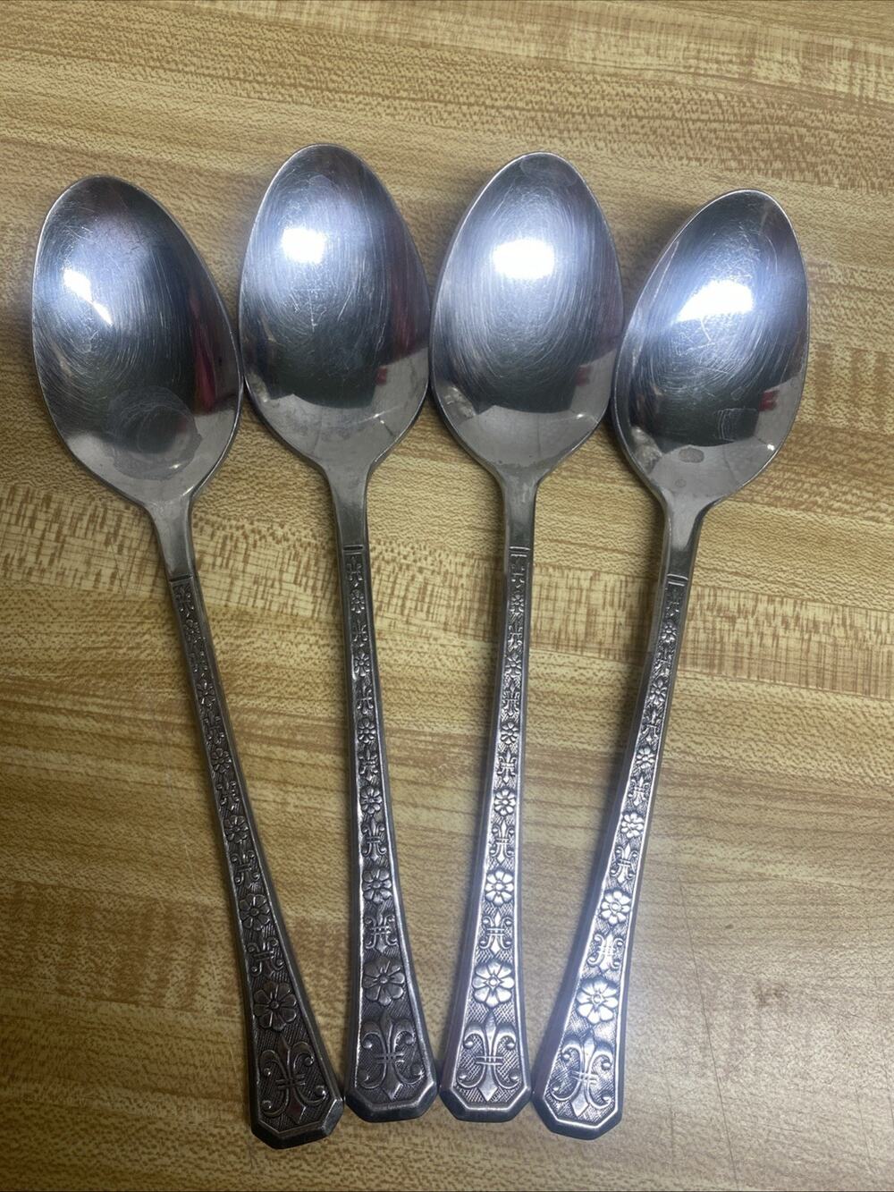 Set (4) Interpur FLORENZ Stainless 8 Petal Black Textured Flatware Korea Spoons